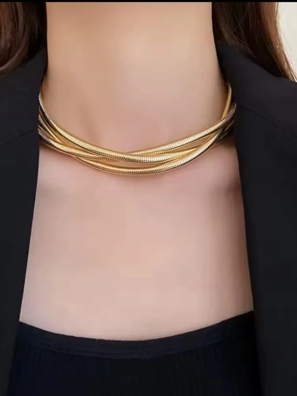 Gold Multi-Strand Choker Necklace and Bracelet Set